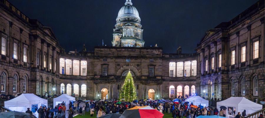 Night-time image of the 2023 Christmas Tree lighting at Old College