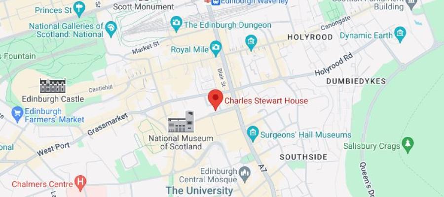 Google Maps screenshot showing the location of Charles Stewart House at 9-16 Chambers Street, Edinburgh