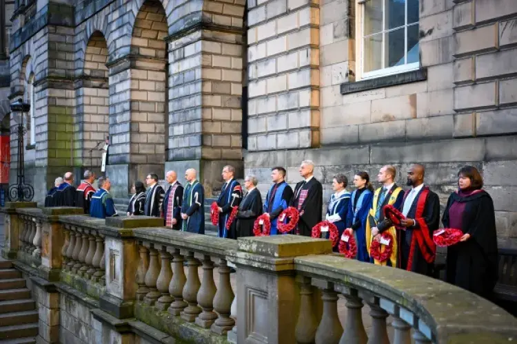 Wreath Bearers line up at the War Memorial in Old College